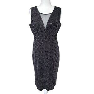 Alexa B Nites Black Metallic Sequin Leg Slit Midi Dress Size 14W